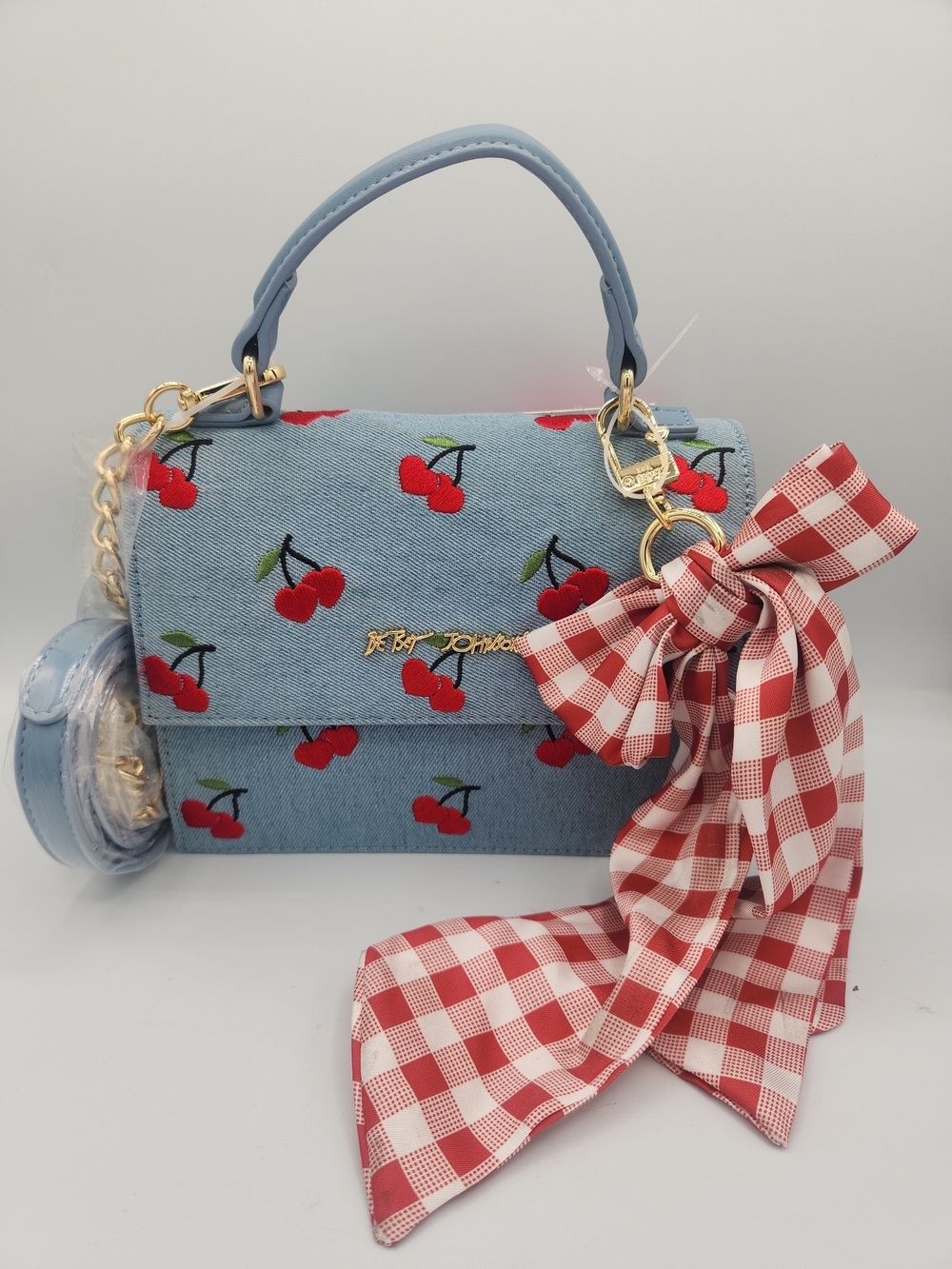 Betsey Johnson Light Blue Cherry-Print Top-Handle Satchel with Red Bow Scarf